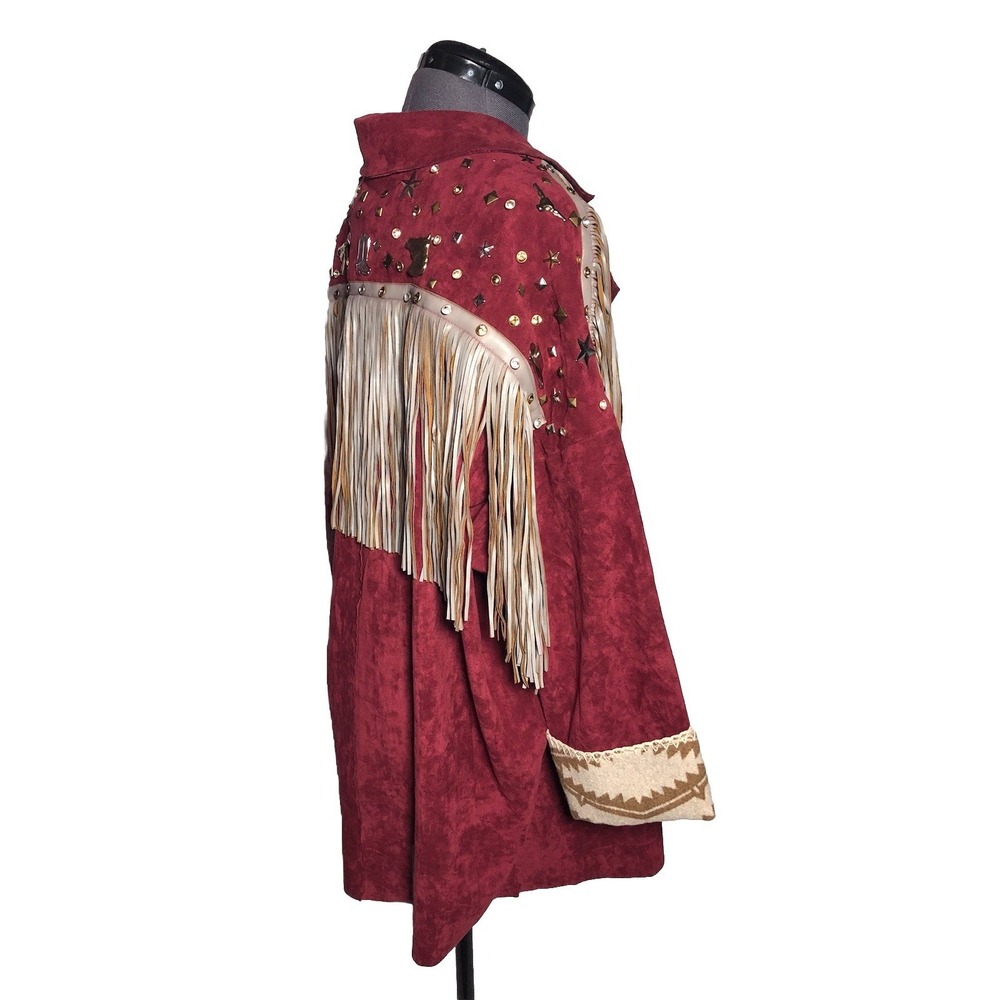 Josefina by Vero Solis Burgundy Fringe Stud Jacket Western Boho M B-58″ DAMAGED - Picture 13 of 16